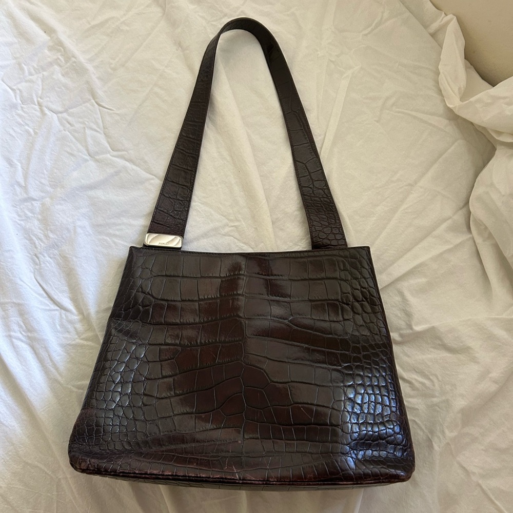 Furla Leather Brown Croc-Embossed Shoulder Bag Tote